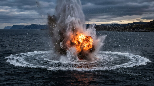 A dramatic photograph captures a blazing explosion in the middle of a dark, turbulent ocean, with a clouded sky and distant landmasses in the background.