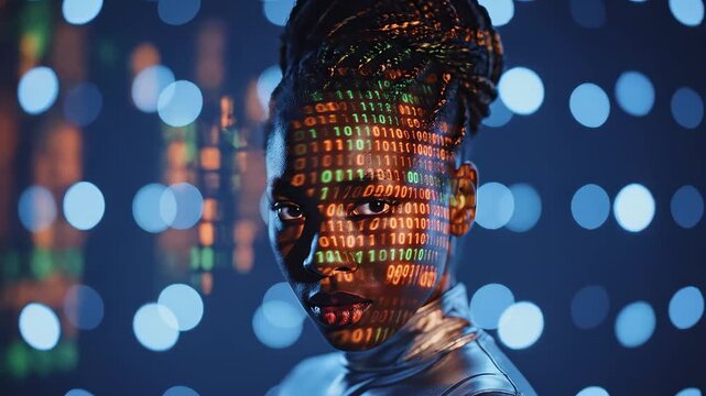 Woman with binary code on face for commercial backgrounds, digital design, and advertising