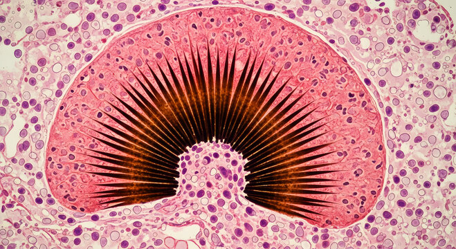 Microscopic view of seminiferous tubule cross-section with sperm cells biology tissue