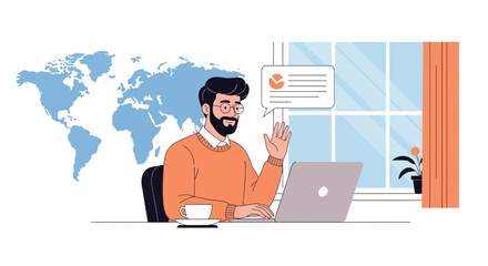 Obraz premium Man working remotely with laptop and world map background, video call concept
