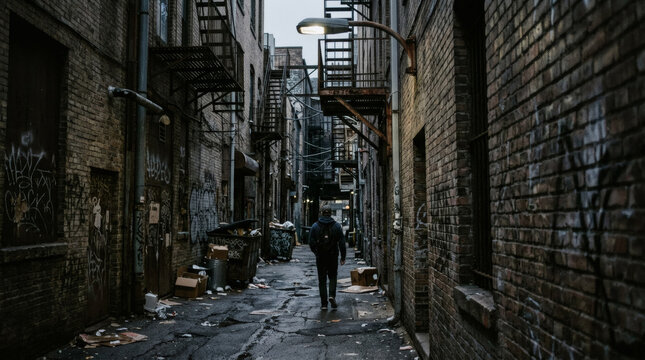 A narrow, dimly lit urban alleyway lined with brick buildings, trash-filled bins, and a solitary figure walking away. The scene exudes a gritty, atmospheric vibe, with muted colors.