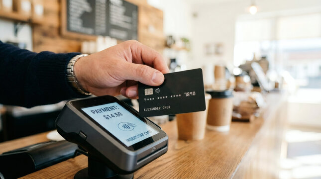 Photograph of a hand swiping a credit card on a payment terminal in a modern coffee shop. Background features blurred wooden shelves, coffee cups, and a bright, sunlit atmosphere.
