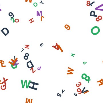pattern typo square Seamless pattern with colorful scattered letters and numbers on a white background design