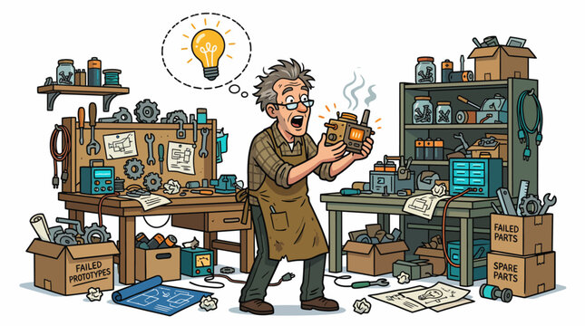 Eccentric inventor having a eureka moment in a messy workshop full of prototypes