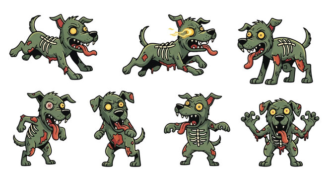 Cartoon zombie dogs poses isolated design elements