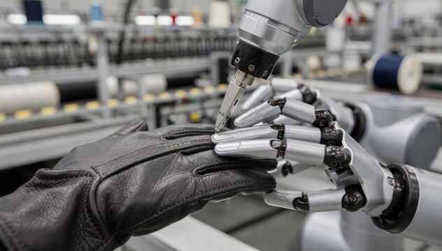 Collaborative robot stitching finger gussets with detailed accuracy highlighting the blend of humanlike dexterity and industrial automation in textile production.