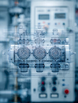 Transparent blueprint overlay of an industrial mechanical component with control panel in a high-tech manufacturing environment focusing on engineering design