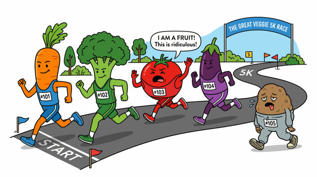 Humorous Cartoon Illustration of Vegetables Running a 5K Race with Tomato and Potato