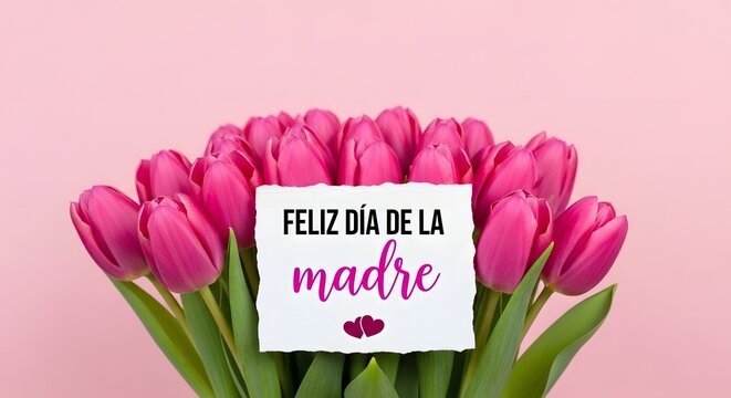 Pink tulips bouquet with Feliz D&iacute;a de la Madre card on soft pink background for Mother's Day celebration