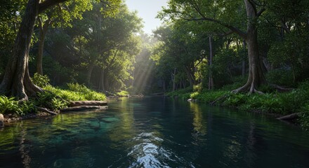 Obraz premium Serene jungle waterway flows through dense lush vegetation under sunbeams