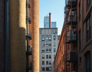 Naklejka premium Tall buildings form narrow urban alleyway. Sunlight hits brick walls casting long shadows. Fire escapes climb exterior walls. Clear sky above city street canyon. Modern and old architecture contrast.