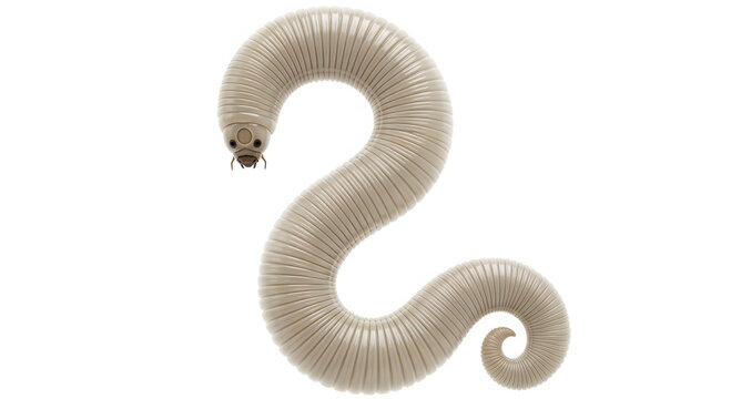 Segmented beige worm with small head and antennae on white background insect larva