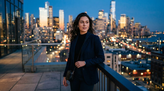 Photograph of a woman with long dark hair in a navy blazer and black pants standing on a rooftop balcony, gazing at a city skyline at dusk.