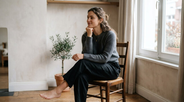 Photograph of a woman with long brown hair, wearing a gray sweater and dark pants, sitting barefoot on a wooden chair. She's in a cozy room with a potted plant, wooden floor, and large window.