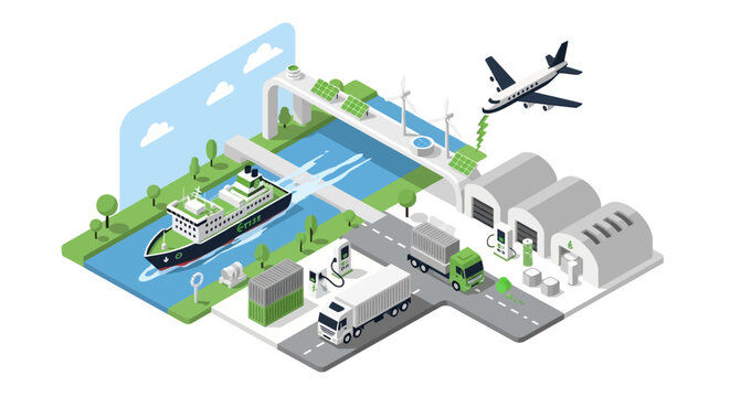 Futuristic Smart Logistics and Sustainable Green Transportation System Isometric Illustration