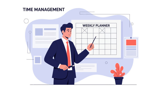 Business man presenting time management plan on weekly planner board