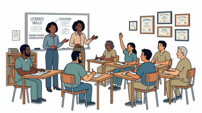 Diverse Adult Students in a Correctional Facility Classroom for Literacy and Education Programs