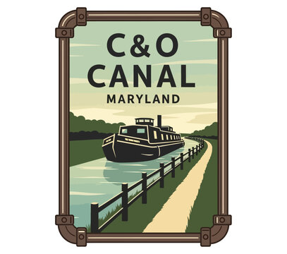 Vintage-style vector sign featuring the C&O Canal in Maryland with a historic canal boat illustration. Ideal for travel, tourism, history, and heritage-themed marketing or educational materials.