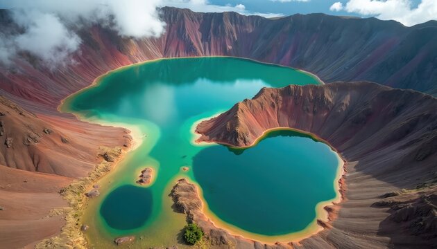 Aerial view of multi colored volcanic crater lakes in Flores Indonesia. Turquoise water pools reflect cloudy sky and rugged mountainsides, a geological wonder.
