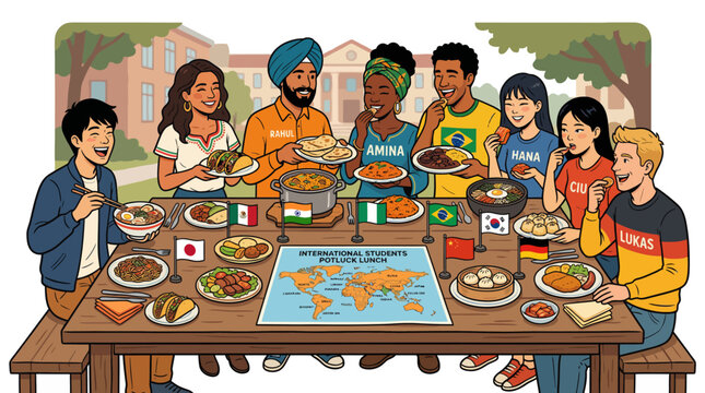 Diverse group of international students eating traditional food at outdoor university potluck lunch