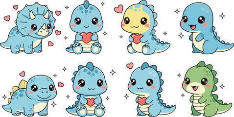 Cute baby dinosaur vector set with kawaii cartoon characters holding hearts colorful dino illustrations for kids design © Vector Design Hub