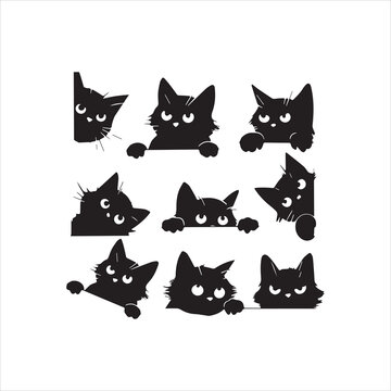  Nine playful black cat silhouettes, in various poses, peeking out from behind a white border.