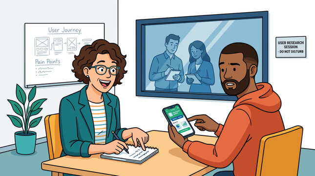 UX researcher conducting usability testing session with participant for mobile application development