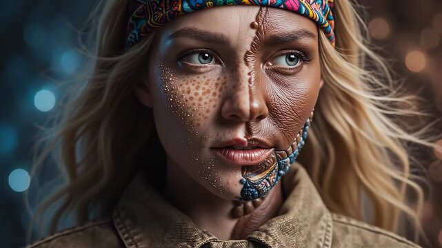 Woman with half face painted and headband for commercial backgrounds, digital design, and advertising