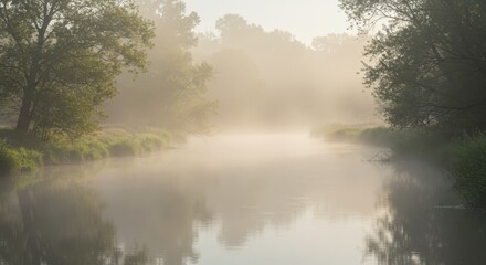 Fototapeta premium Serene river flows gently through morning mist with sunlight filtering through trees