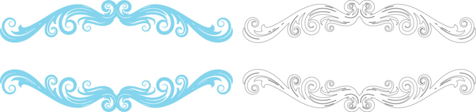 Blue and black ornamental scrollwork borders white