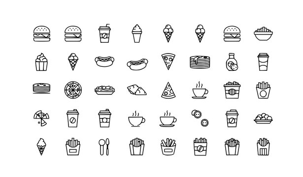 Minimal fast food icons set burger drink ice cream hotdog outline vector eps10