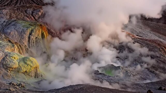 Volcanic gas vents releasing steam in rhythmic bursts