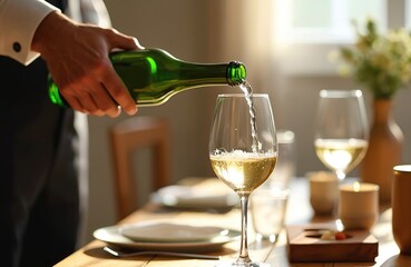 Fototapeta premium Waiter pours white wine into glass from green bottle. Elegant table setting with plates, glasses and candle. Evening meal preparation for guests at restaurant.