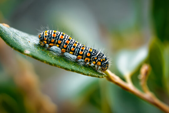 Colorful caterpillar with black, white, and orange markings crawling on the edge of a green leaf with soft natural background in a garden setting