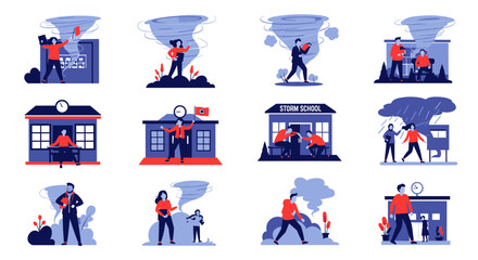 Fototapeta premium Dynamic collection of diverse flat vector scenes depicting people navigating severe weather events, including tornadoes, heavy rain, and storms impacting educational buildings and