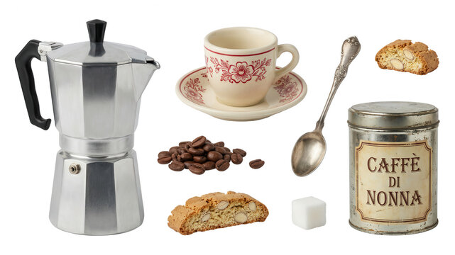 Italian Coffee Still Life with Moka Pot, Beans, and Biscotti on White