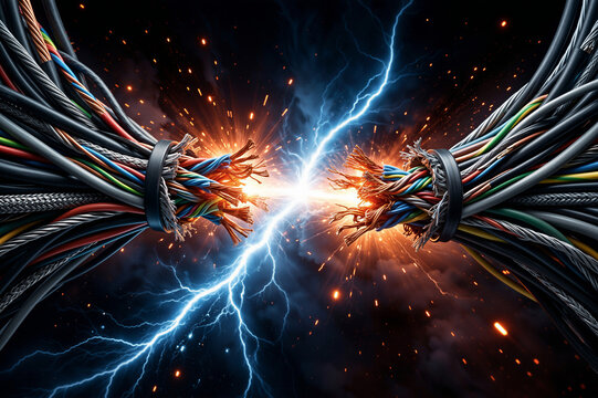 Vibrant cable bundles with a massive electric lightning discharge for industrial safety or high power electrical engineering. Short circuit concept