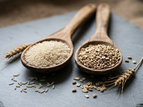 Two wooden spoons filled with rice and oats on a gray slate plate with wheat grains scattered around  healthy food ingredients