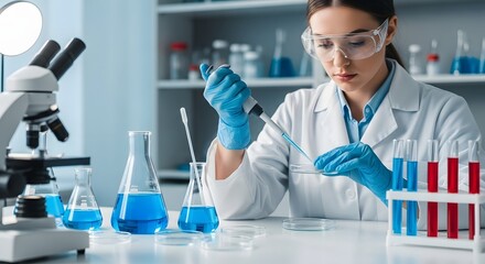 Fototapeta premium Female scientist working in laboratory with pipette, professional researcher conducting medical experiment, clinical lab technician using microscope and glassware