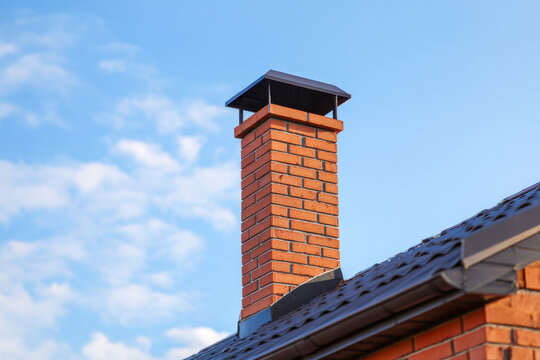 Red brick chimney with metal cap on roof of residential house under clear blue sky with scattered clouds on a sunny day