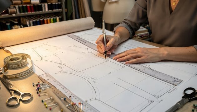Medium shot of a fashion designer sketching dress pattern templates on paper focusing on precision measurements and seam allowances for custom garment creation.