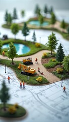 Obraz na płótnie Canvas Miniature diorama shows park construction on blueprint. Tiny excavators and workers build green space with ponds, trees, paths. Urban planning project for city development.
