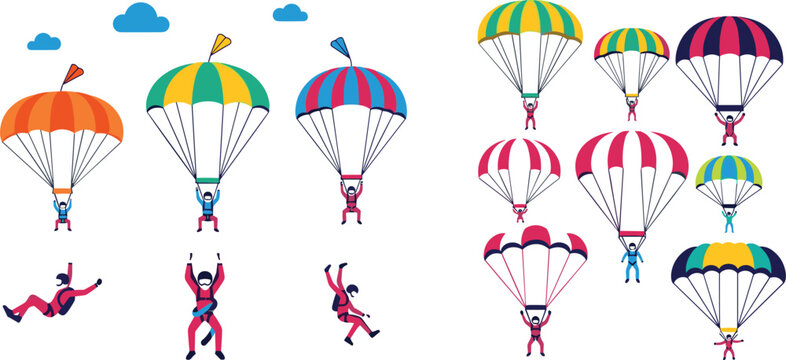 Vector Icon Set of Skydivers and Parachutists in Colorful Parachutes Featuring Freefall Poses and Landing Maneuvers for Extreme Sports Branding and Adventure Graphic Designs