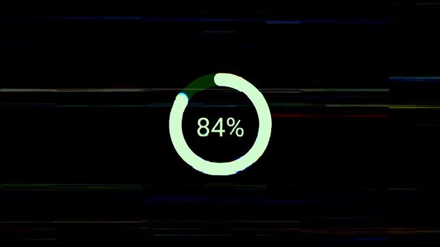 Processing glitch circle animation on black background. Circular processing bar with glitch effect. Loading bar and percentage process loading bar. 4K Video