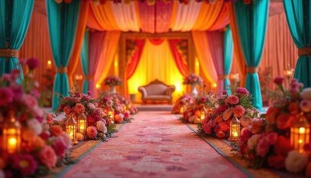 Ornate Indian wedding mandap decorated with vibrant floral arrangements lanterns and colorful drapes creating a festive ceremonial ambiance. Rich ethnic decor for a happy cultural event.