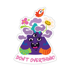 Happy Mountain Spirit Character Sticker with Clouds and Flowers Sticker. Vector illustration