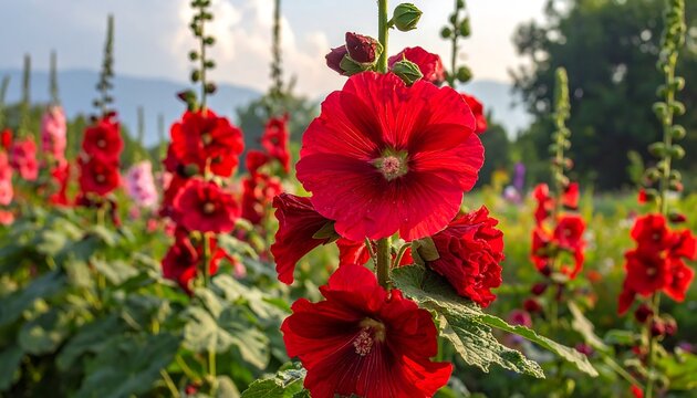 Crimson hollyhocks bloom vividly in a field under a soft light, showcasing vibrant petals