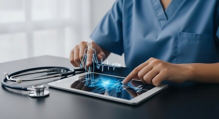 Fototapeta premium Doctor interacting with digital human anatomy and heart rhythm on tablet medical healthcare technology