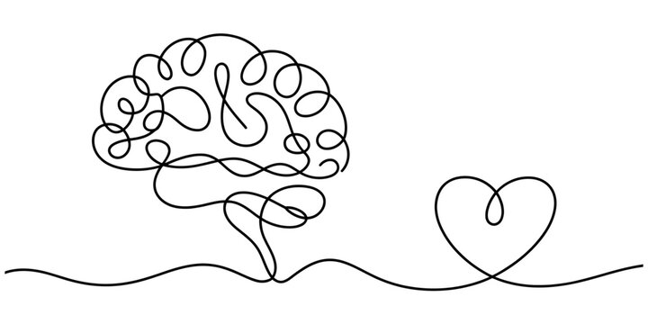 A single line drawing of a human brain and heart connected together on a white background. Vector, illustration