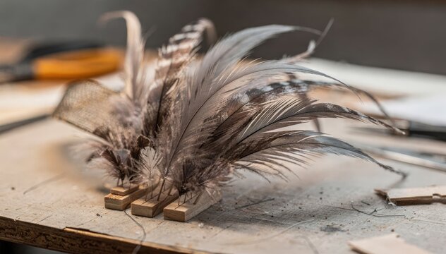 Closeup medium shot capturing the detailed sculpting of feather sprays on miniature blocks emphasizing texture and movement in bespoke fascinator creation.